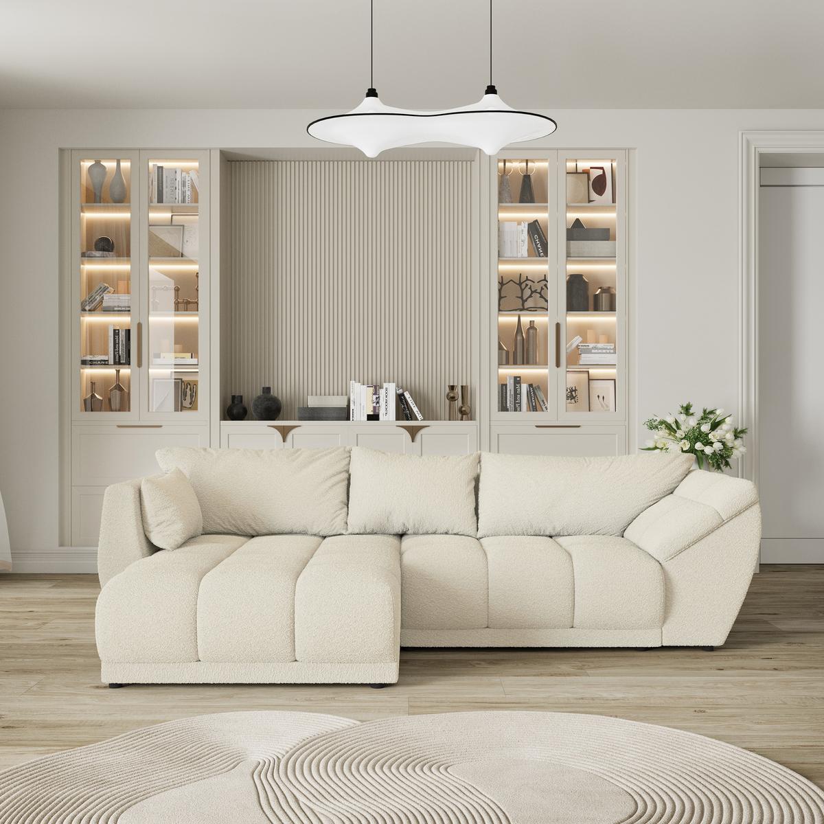 ECKSOFA ORENTI L-S Creme Boucle-Stoff mit Schlaffunktion - Creme, Holz (287/182cm) - MASSENO