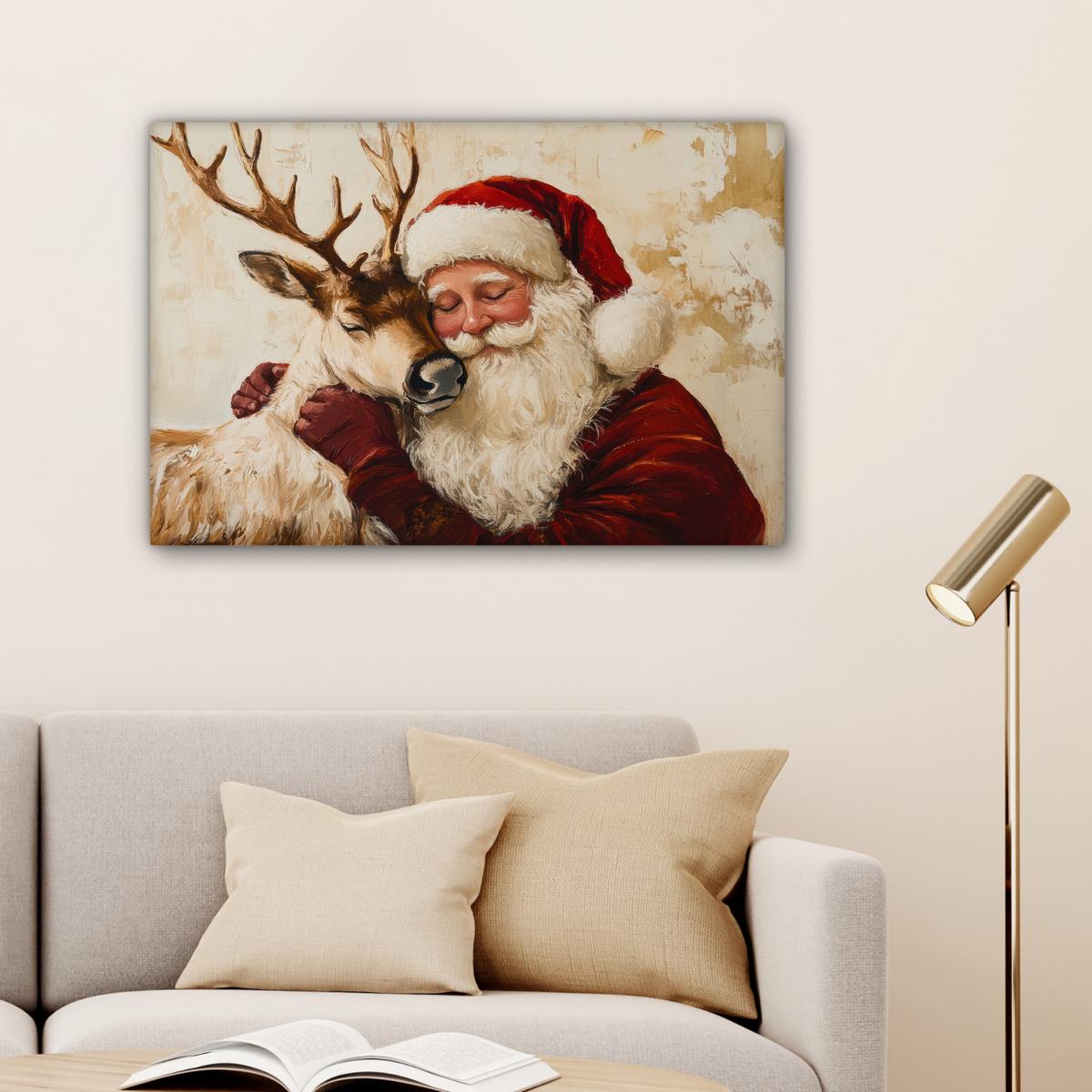 LEINWANDBILD Weihnachtsmann - Rentier - Weihnachten Gemälde 60x40 cm - Rotbraun, Textil (60/40cm) - MuchoWow