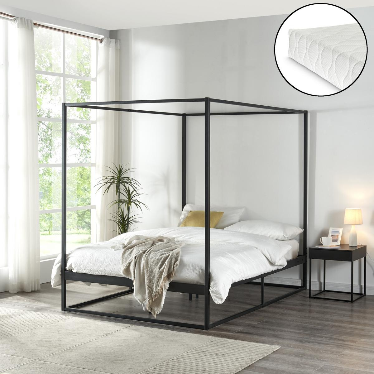 HIMMELBETT Kristianstad mit Matratze - Schwarz, Textil/Metall (140/200cm) - [en.casa]