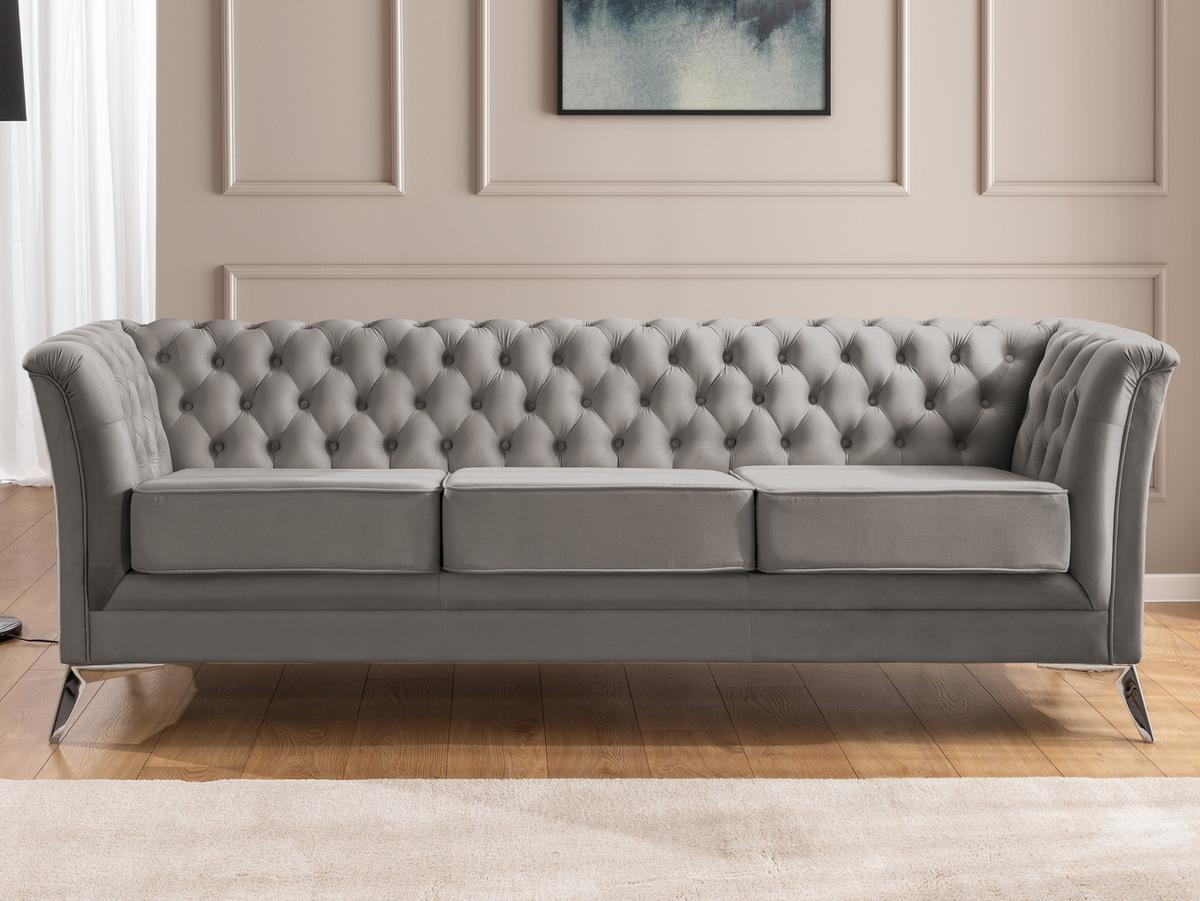 CHESTERFIELD-SOFA 3-sitzer Whitby Grau Samt mit silbernen Füßen - Silberfarben/Grau, Holz/Textil (237/78/82cm) - S-Style Möbel