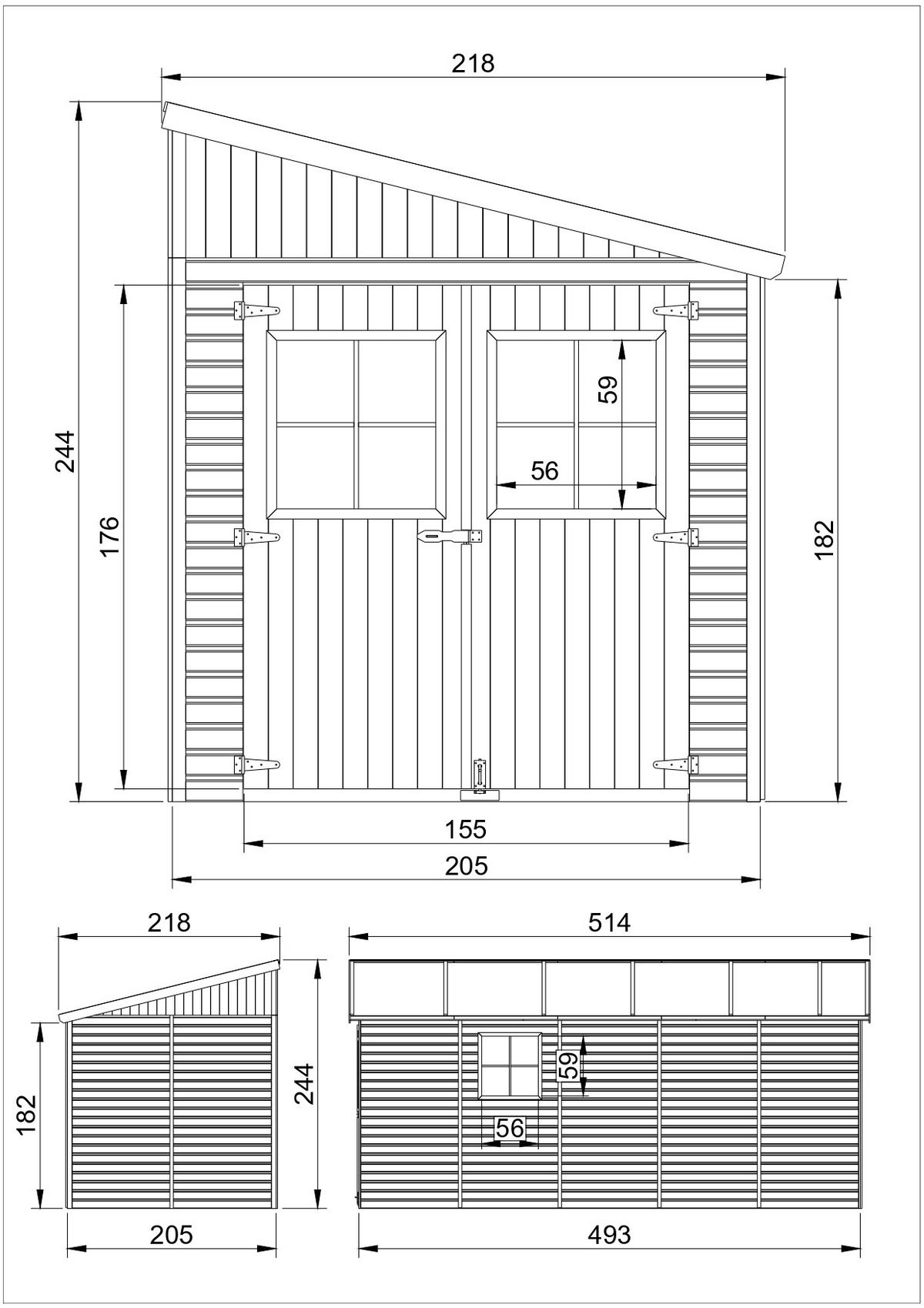 HOLZ-GARTENHAUS (mit Seitenwand) - H244x216x514 cm/10,2 m2 - M341A - Beige, Holz (218/244/493cm) - Timbela