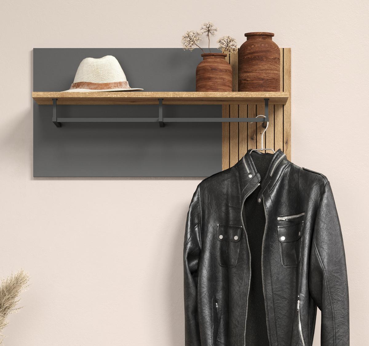 GARDEROBENPANEEL grau, Evoke Eiche 80 x 40 cm, Wandgarderobe mit Kleiderstange - Anthrazit/Grau, Holzwerkstoff (80/40/28cm) - Top.Furn