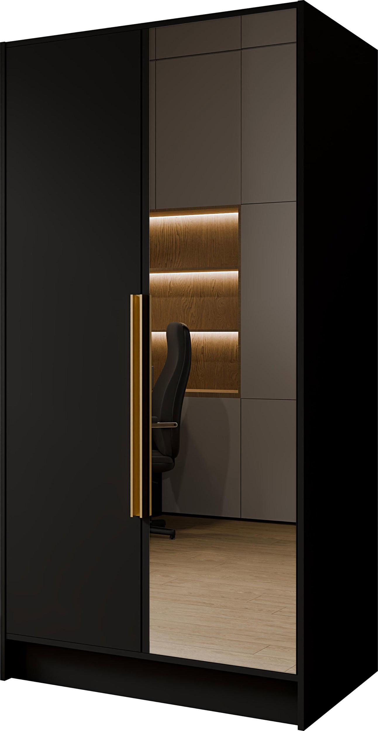 KLEIDERSCHRANK Mono Lux mit Speigel, Drehtüren mit Goldene Metallgriffe, Schwarz 102/200/51 cm - Goldfarben/Schwarz, Holzwerkstoff (102/200/51cm) - WFL GROUP