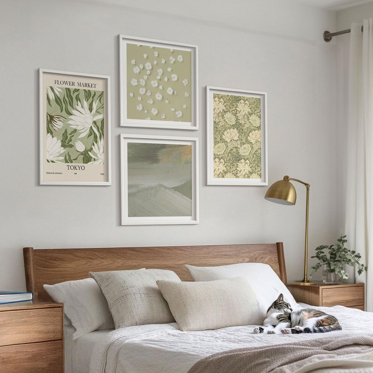 BILDER SET 4er Set - 50x50 cm & 40x60 cm Weißer Rahmen - Florale Abstraktionen im Boho-Stil - Weiß, Kunststoff (50/50cm) - TULUP