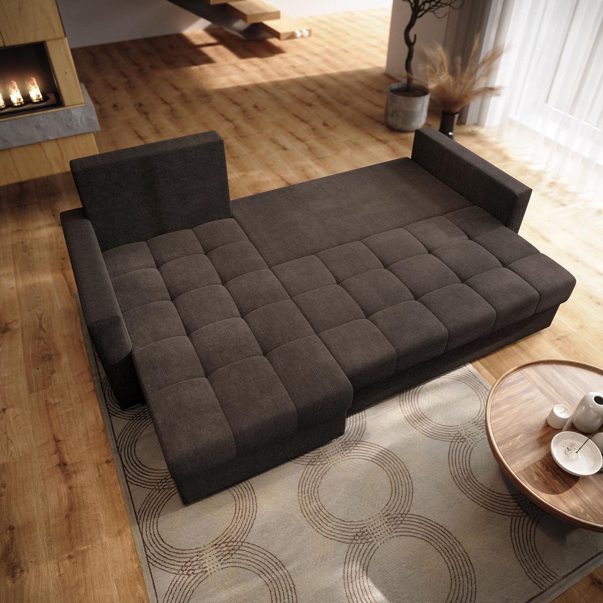 ECKSOFA NIDA Braun Geflochtener Stoff mit Schlaffunktion - Braun, Holz (220/143cm) - MASSENO
