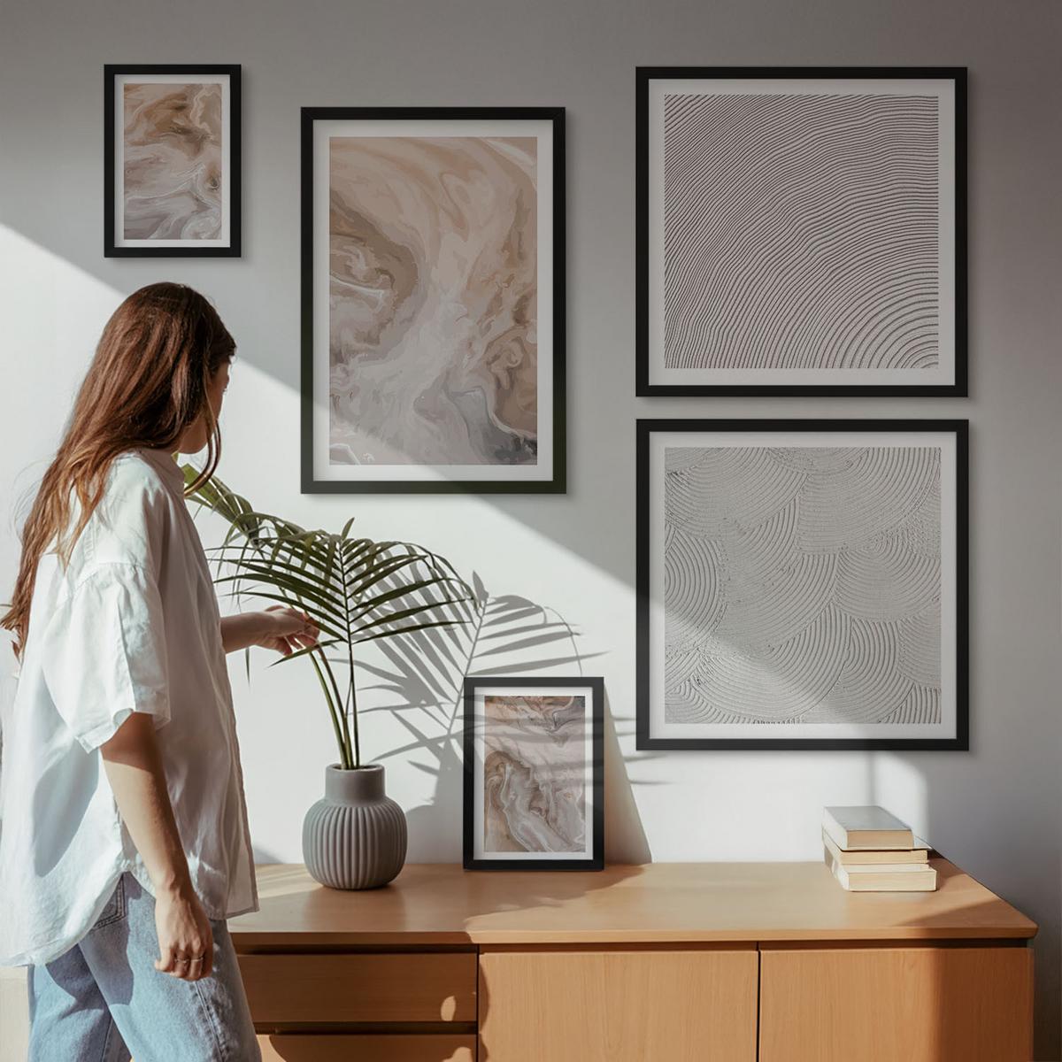 BILDER SET 5er Set - 50x50 cm & 20x30 cm & 40x60 cm Schwarzer Rahmen - Marmorstein-Texturmuster - Schwarz, Kunststoff (40/60cm) - TULUP