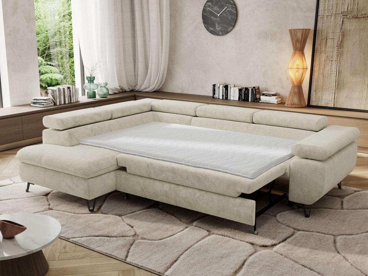 ECKSOFA PABLO L Creme Schenille grob gewebt - Links Seite mit Visco Topper - Creme/Schwarz, Textil/Metall (208/273cm) - MKS