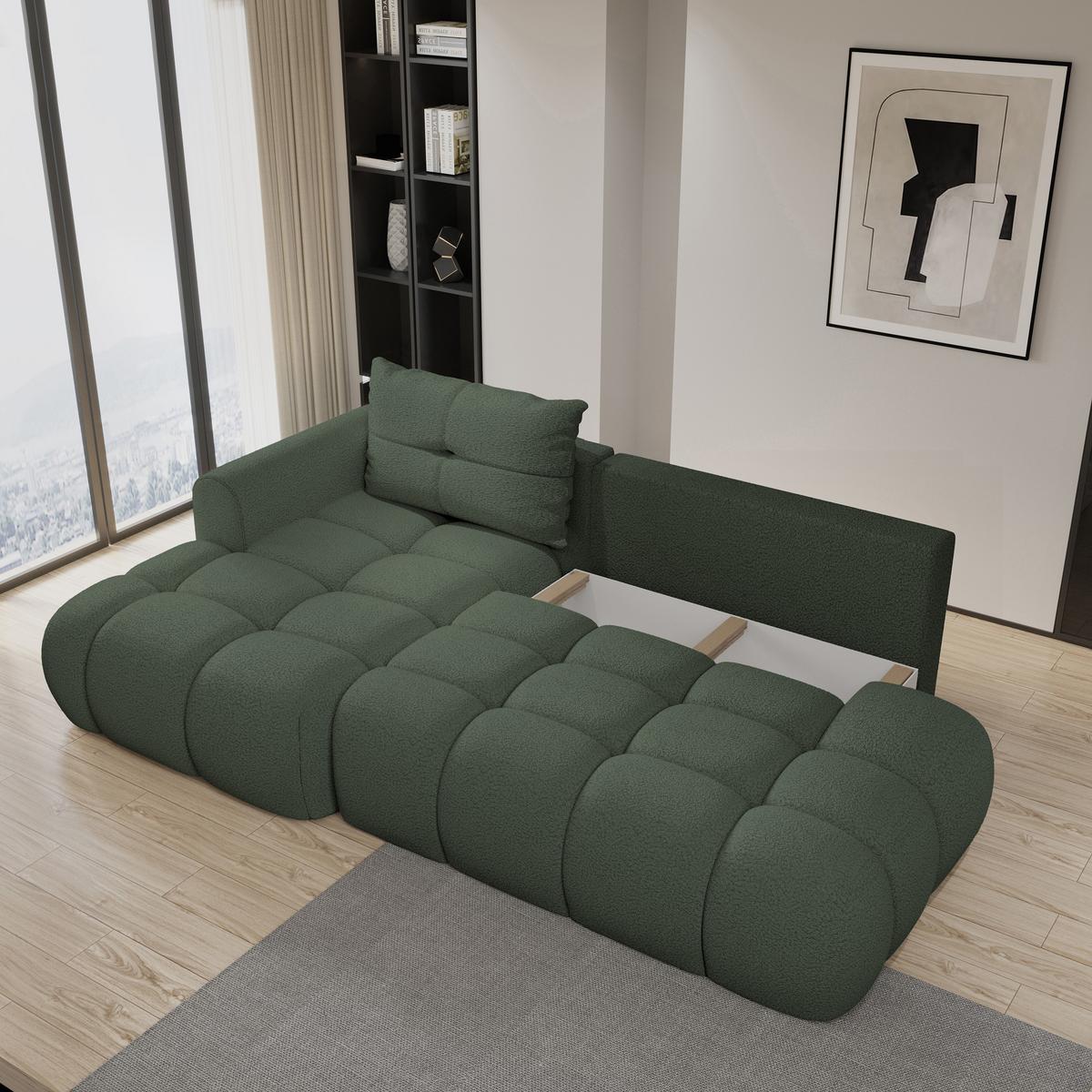 ECKSOFA FLUMA L-S Grün Boucle-Stoff mit Schlaffunktion - Grün, Holz (279/158cm) - MASSENO