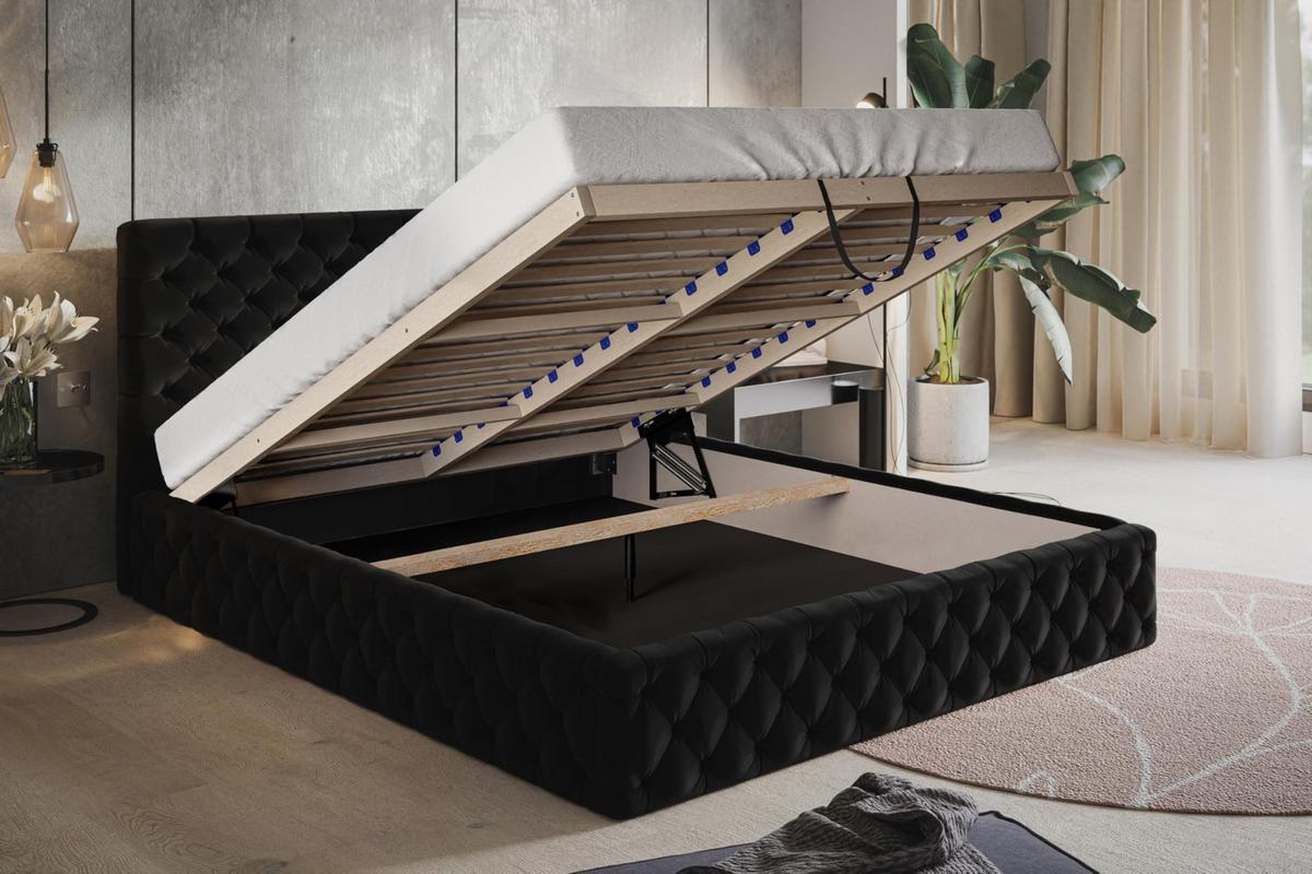 BETT 90x200 - Polsterbett mit Bettkasten und Holzrahmen - Elegant Betten - Weicher Jasminstoff - Kollektion Miami, Schwarz - Schwarz, Holz/Textil (90/200cm) - Alpi-Möbel