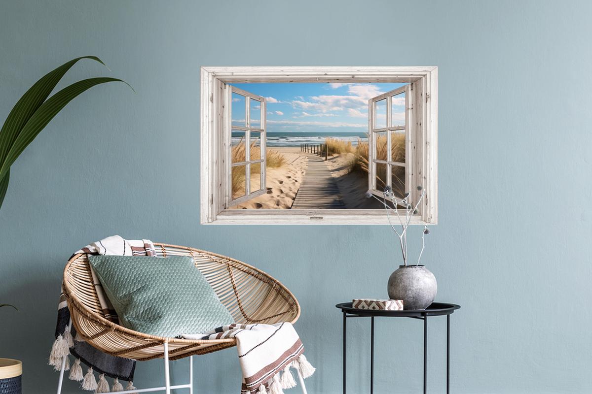 WANDTATTOO Fenster - Meer - Küste - Natur - Ausblick - Strand - Wattenmeer Deko Wohnzimmer 60x40 cm - Beige, Kunststoff (60/40/0.1cm) - MuchoWow