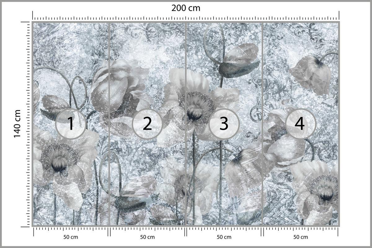FOTOTAPETE für Wohnzimmer Grau Mohnblumen Beton Blumen Blätter 200x140 - Grau, Papier (200/140cm) - Muralo