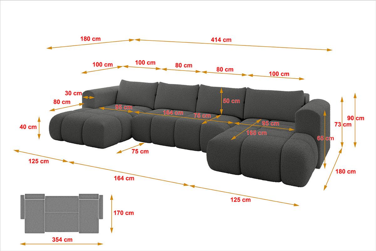 WOHNLANDSCHAFT CLOUD-U 405x185x90 Grau Bouclé - Grau, Holzwerkstoff/Kunststoff (405/90/185cm) - ALTDECOR