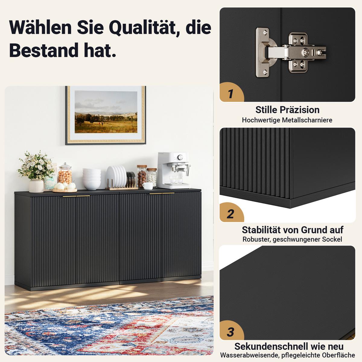 SIDEBOARD Schwarz 80 cm mit Riffeloptik & Gold-Griffen - Schwarz, Holzwerkstoff (80/80/40cm) - Urban Meuble