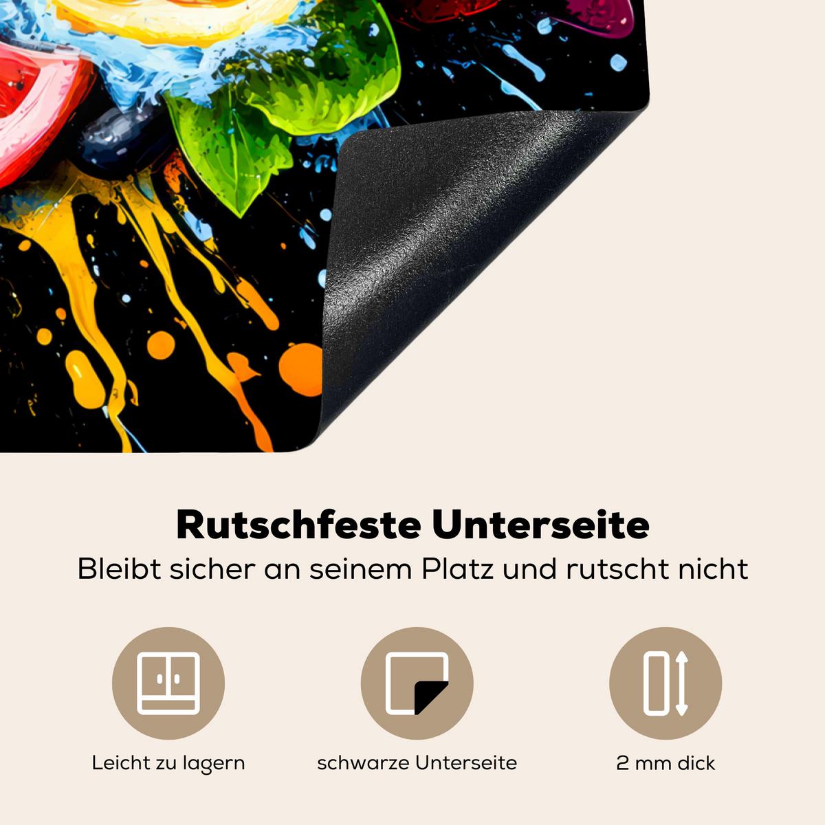 HERDABDECKPLATTE Obst - Graffiti - Bunt - Orange - Erdbeere - Abstrakt Induktionsmatte 77x59 cm - Orange, Kunststoff (77/59/0.2cm) - MuchoWow