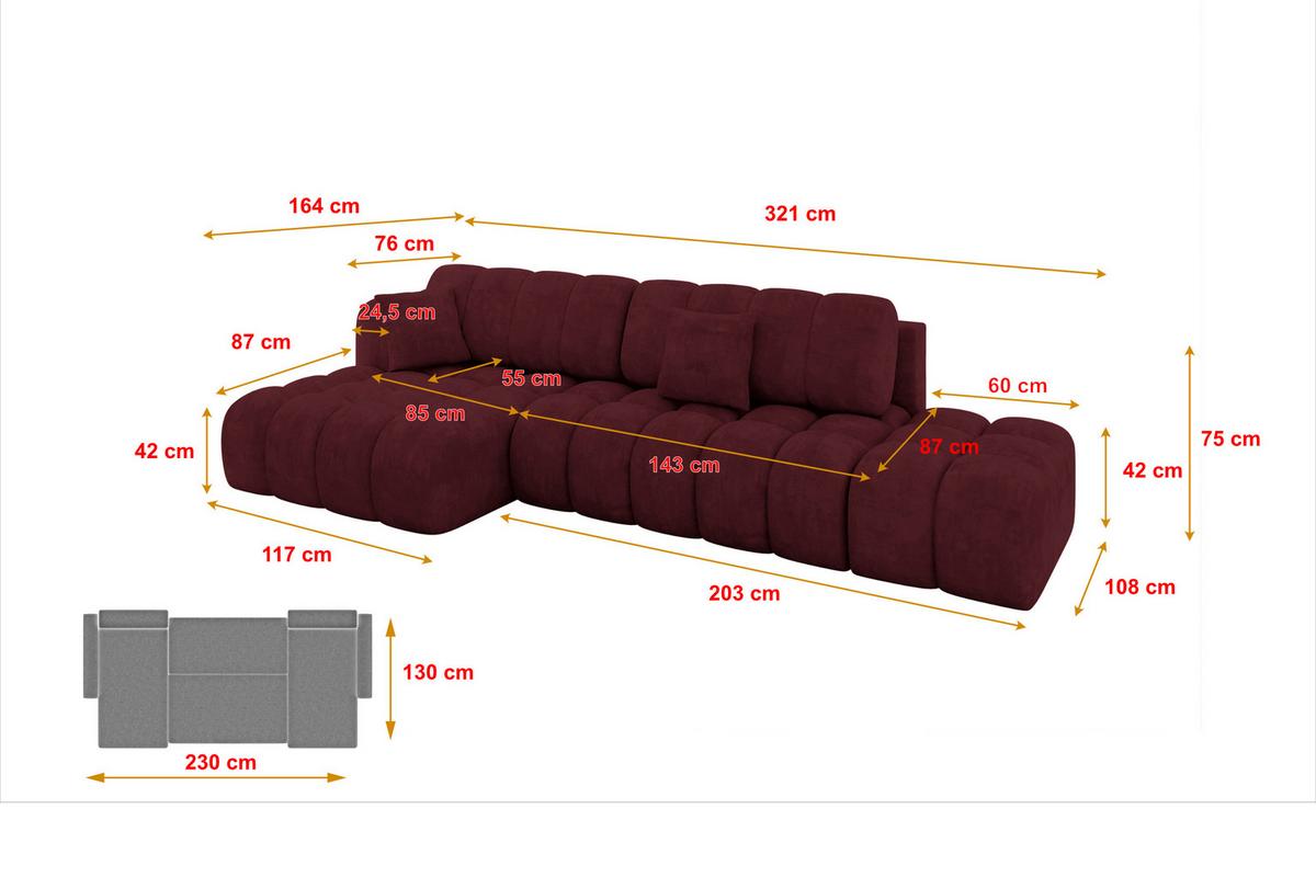 ECKSOFA mit Schlaffunktion Ottomane Links OLEA-L2 321x164x75 Bordeauxrot Velours - Bordeaux/Schwarz, Holzwerkstoff/Kunststoff (321/164cm) - ALTDECOR