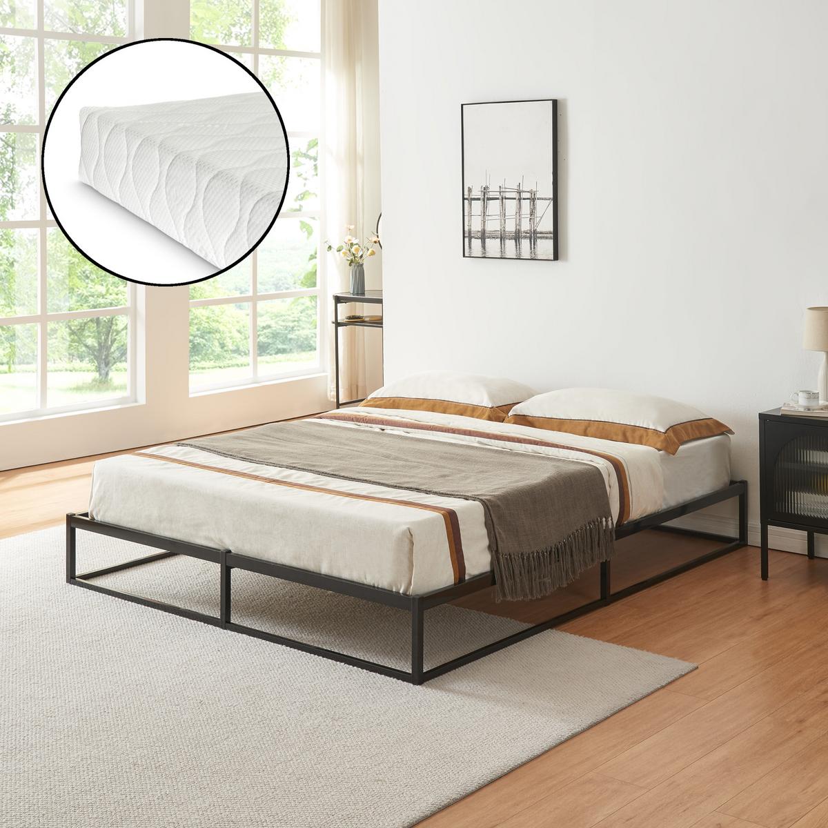 METALLBETT Trerunta mit Matratze - Schwarz, Textil/Metall (140/200cm) - [en.casa]