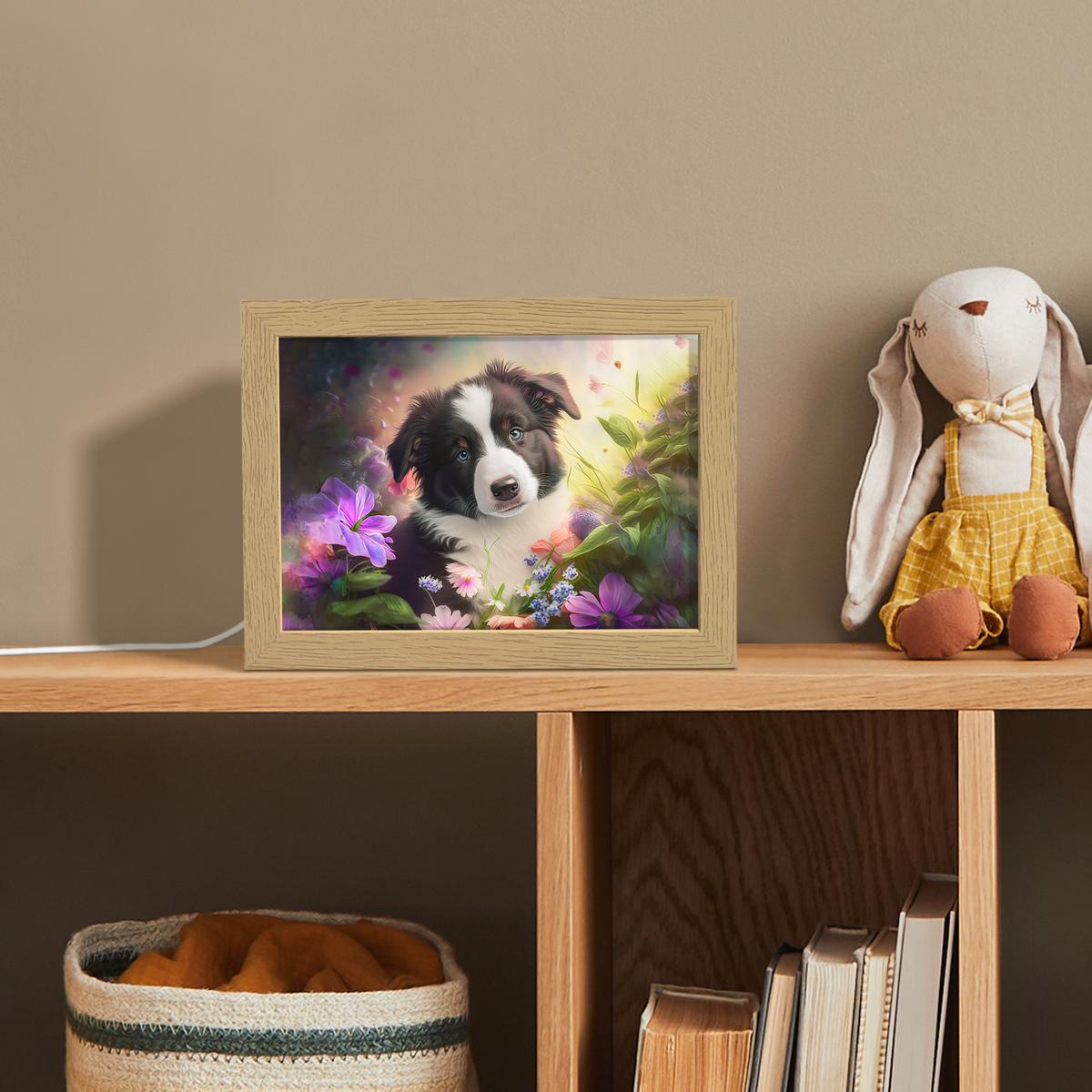 NACHTTISCHLAMPE Welpe - Sonne - Blumen - Natur - Border Collie - Hund 20x15 cm - Violett, Holzwerkstoff (8/20/15cm) - OnlyWow