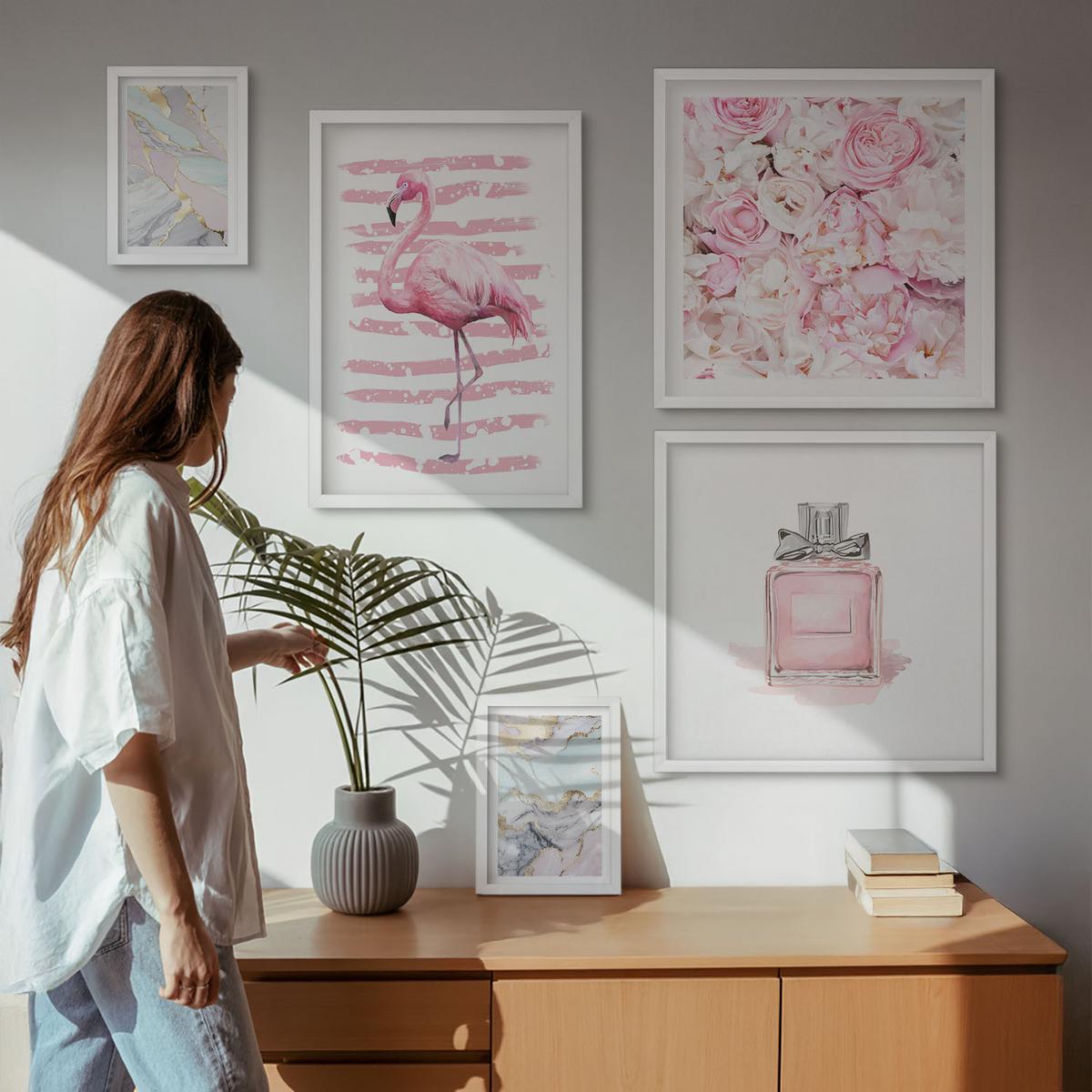 BILDER SET 5er Set - 50x50 cm & 20x30 cm & 40x60 cm Weißer Rahmen - Rosa Blumen Marmor Pastell - Weiß, Kunststoff (40/60cm) - TULUP