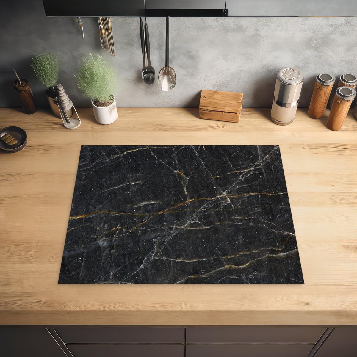 HERDABDECKPLATTE Marmor - Schwarz - Gold - Grau - Marmorstruktur Herdabdeckung Induktionsfeld 65x52 cm - Goldfarben, Kunststoff (65/52/0.2cm) - MuchoWow