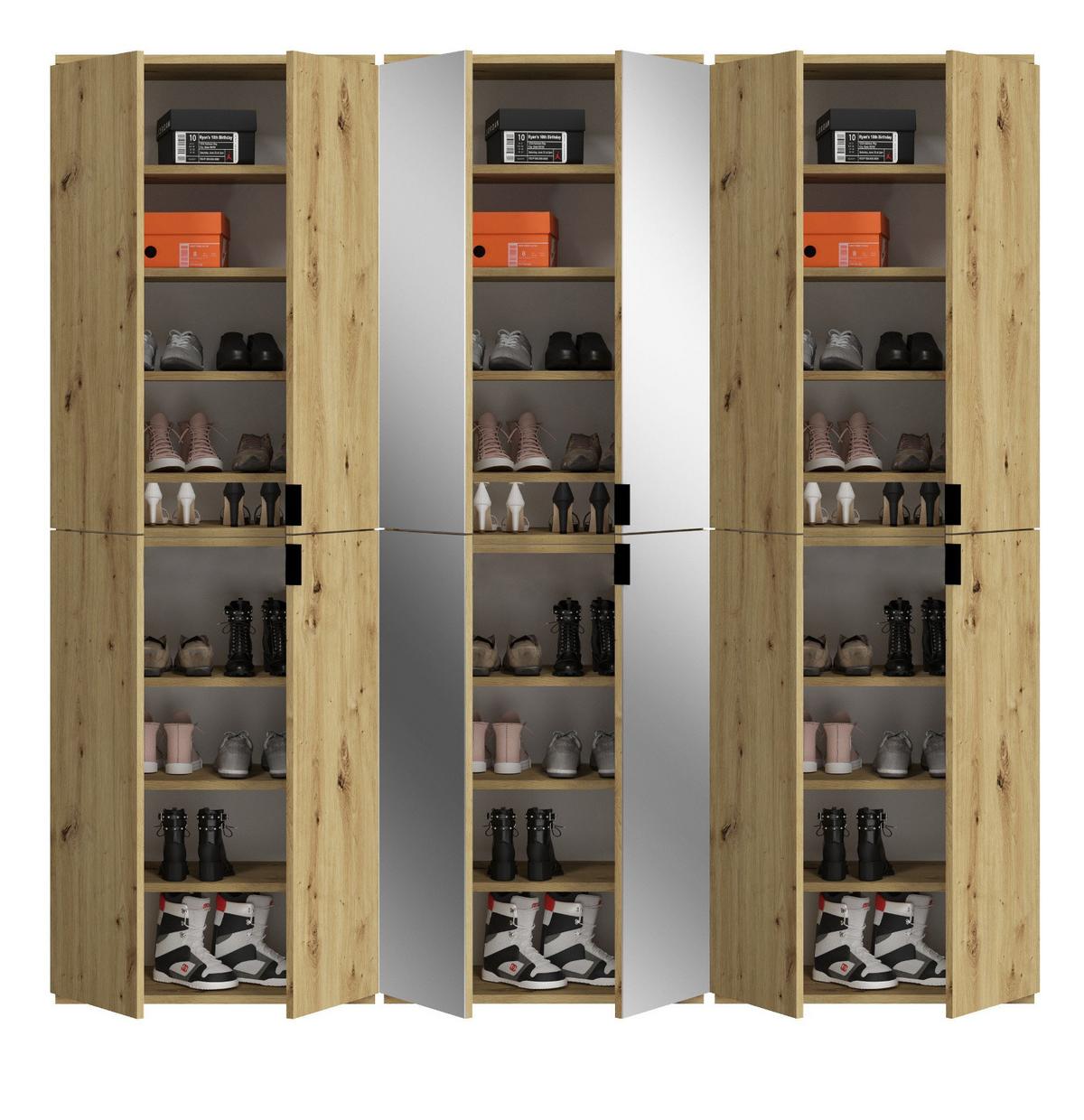 GARDEROBENSCHRANK Eiche 183 cm, Flurschrank mit Spiegel - Chromfarben/Schwarz, Glas/Holzwerkstoff (183/193/34cm) - Inn.Furn
