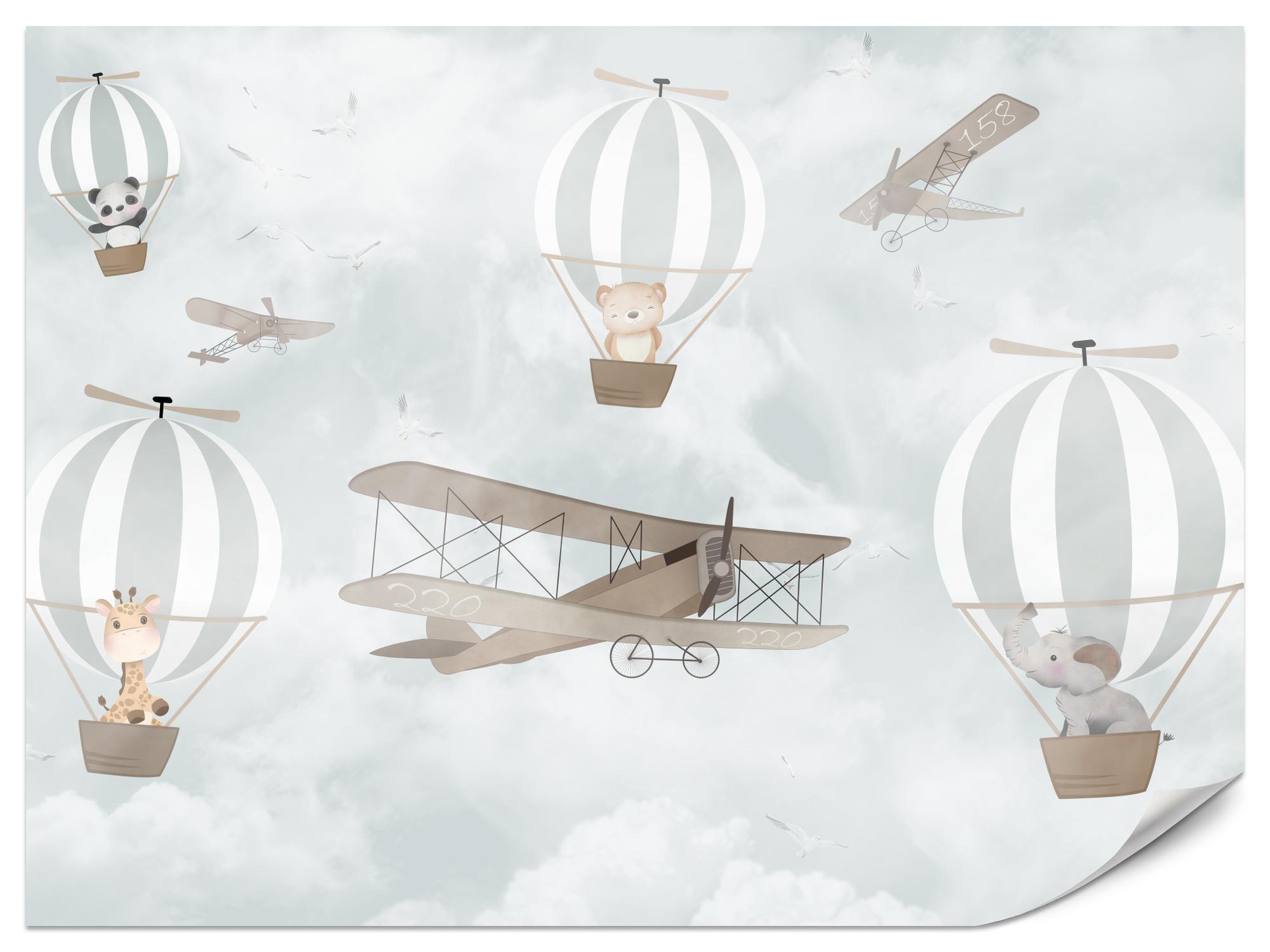 FOTOTAPETE für Kinderzimmer Ballons Tiere Wolken Flugzeuge Fantasie Retro 150x105 - Beige/Braun, Papier (150/105cm) - Muralo