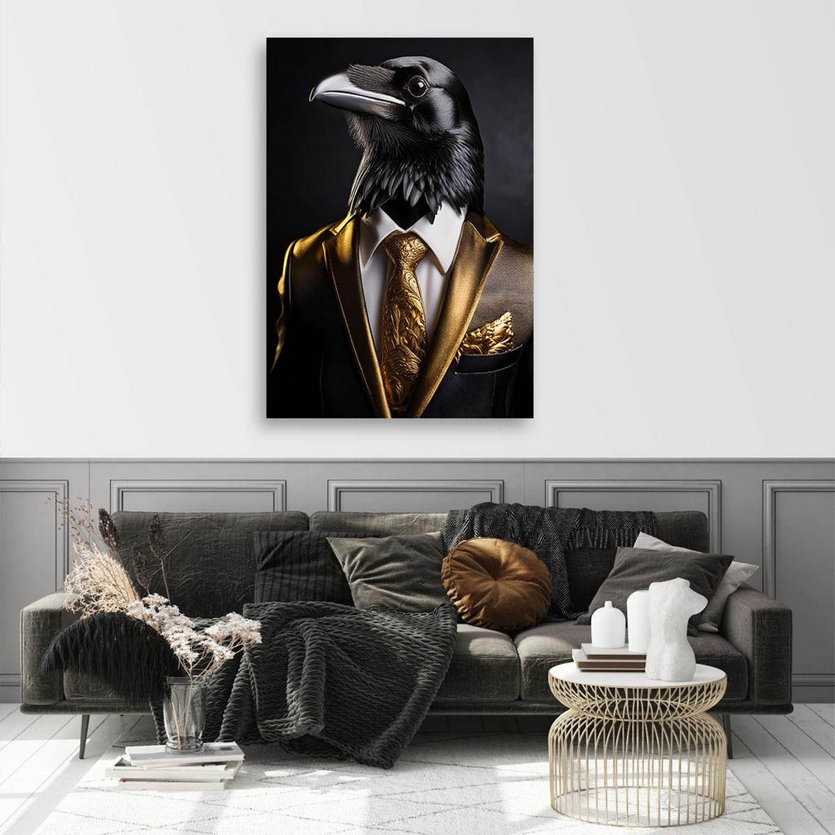 WANDBILD schwarzer rabenvogel im anzug - Goldfarben, Textil (60/90cm) - Feeby
