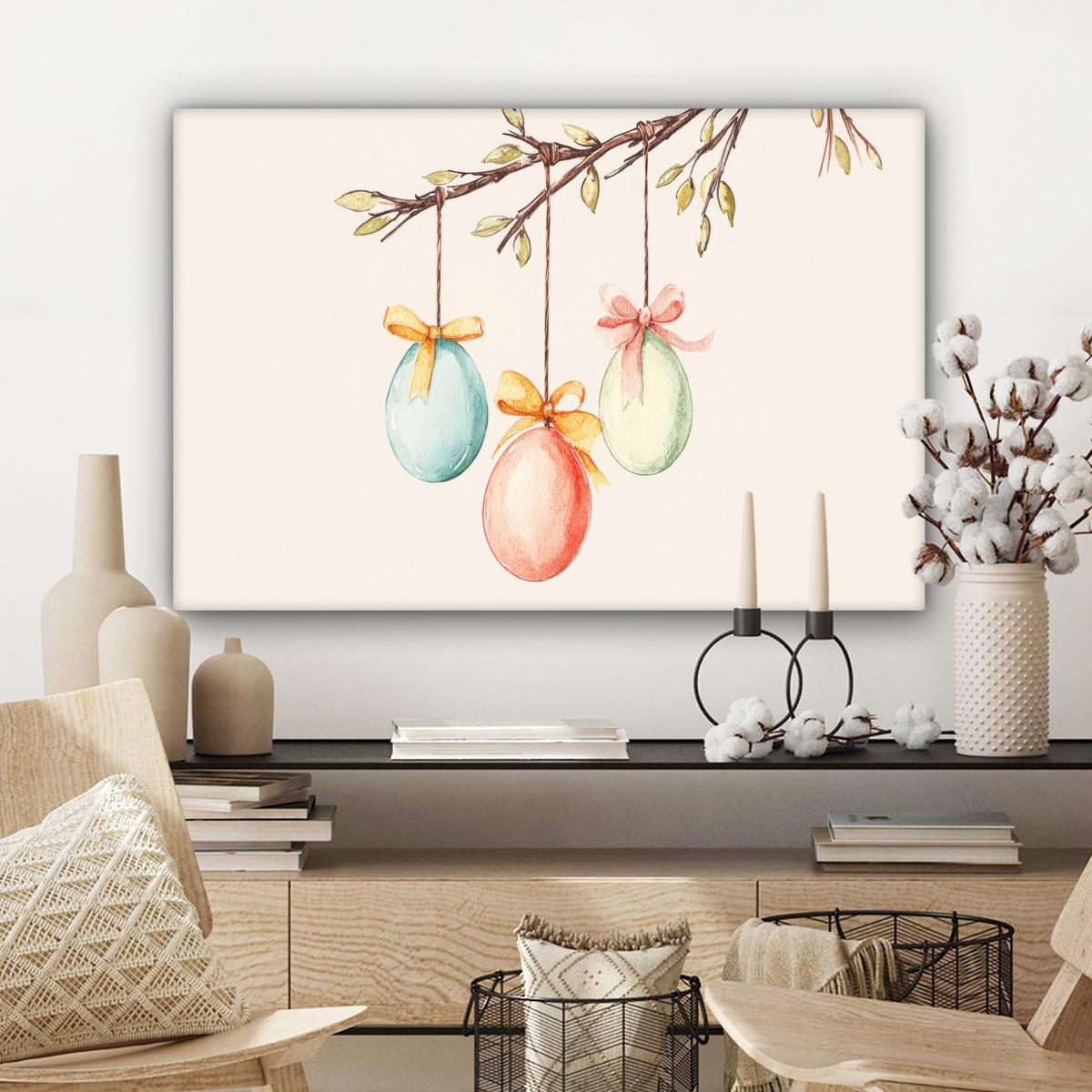 LEINWANDBILD Osterkuchen - Schleife - Eier Gemälde 60x40 cm - Creme, Textil (60/40cm) - MuchoWow