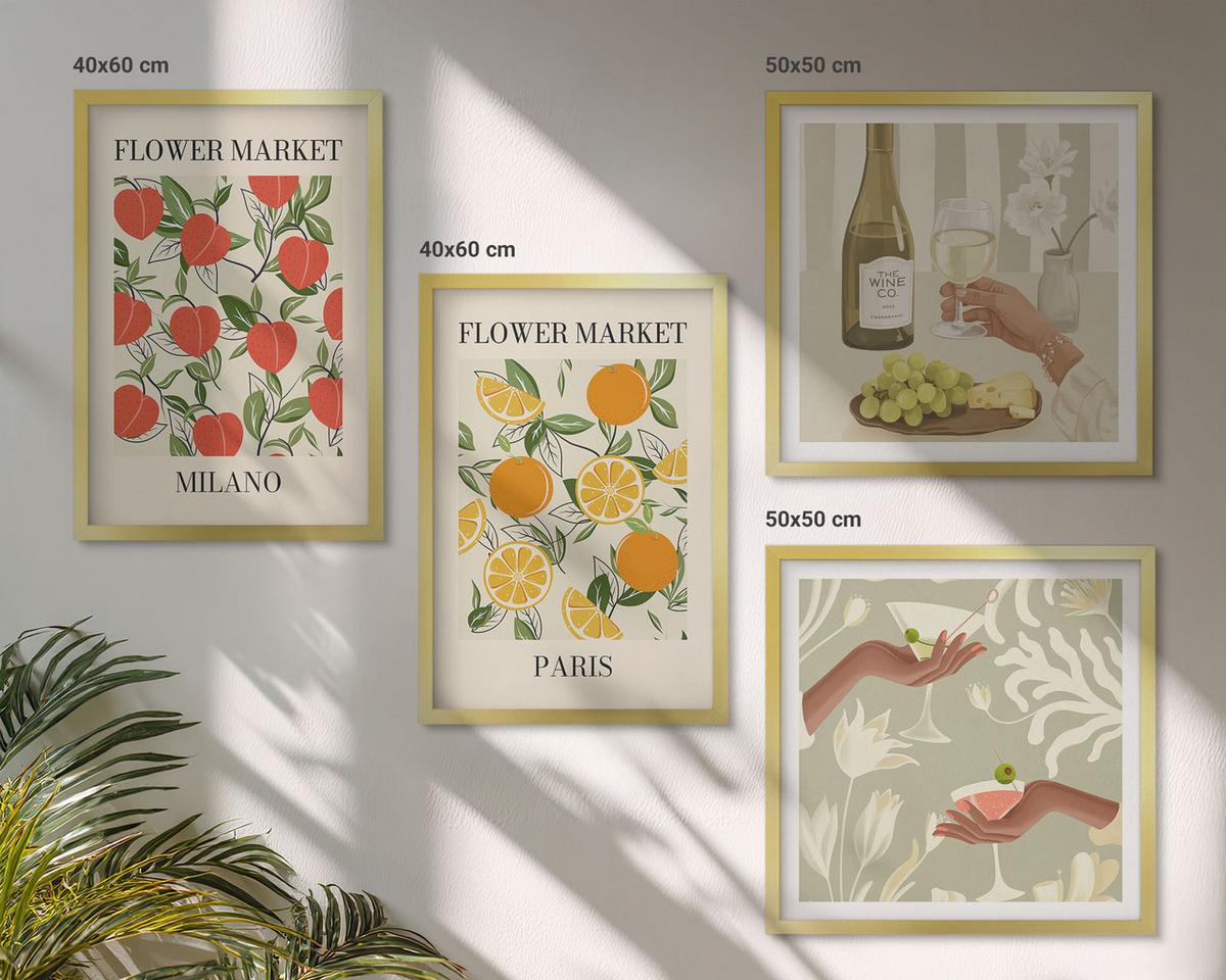 BILDER SET 4er Set - 50x50 cm & 40x60 cm Goldrahmen - Blumenwein Mailand Paris - Goldfarben, Kunststoff (50/50cm) - TULUP