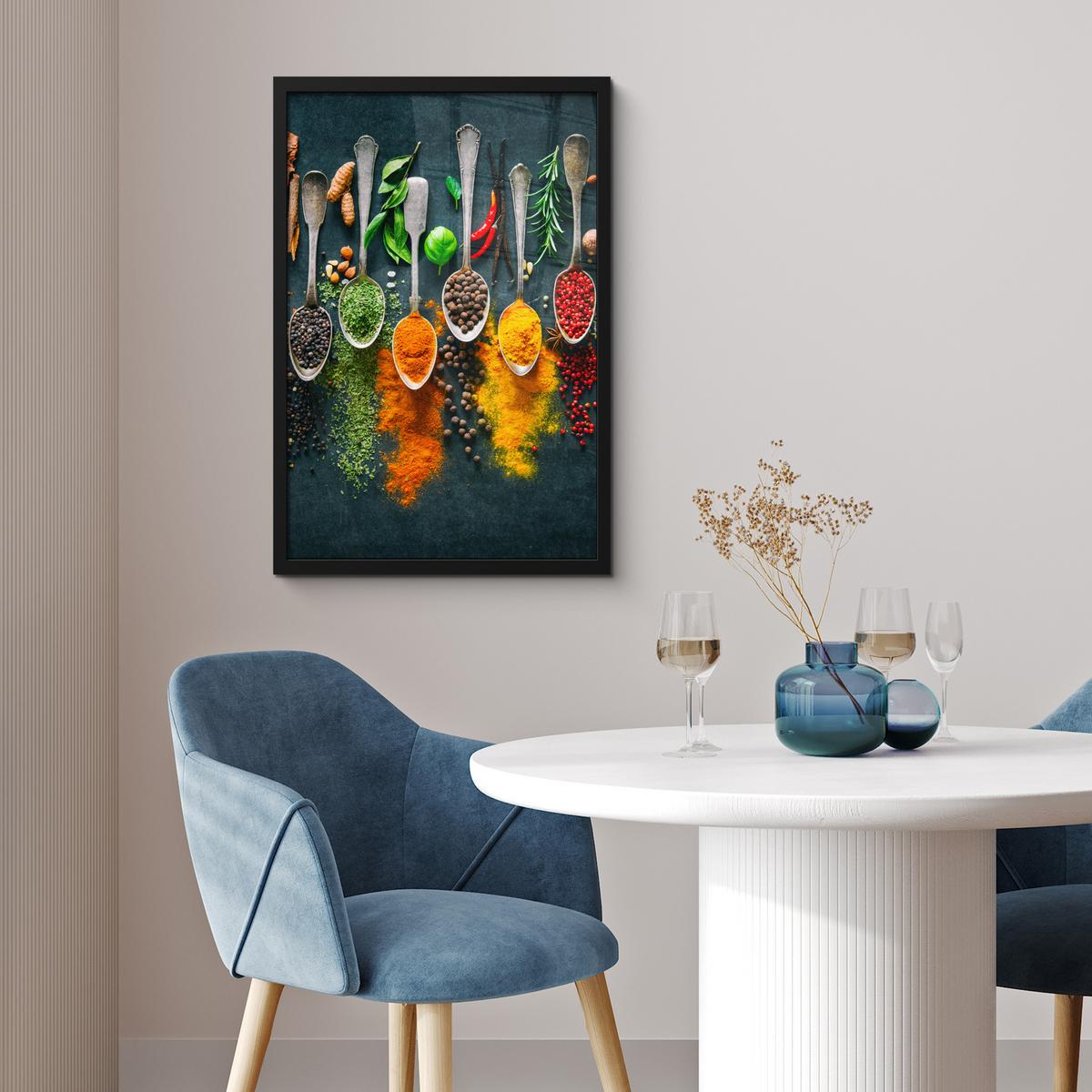 POSTER MIT RAHMENGERAHMTES BILD Kräuter - Gewürze - Löffel Bilder mit Rahmen 40x60 cm - Currygelb, Papier (40/60cm) - MuchoWow