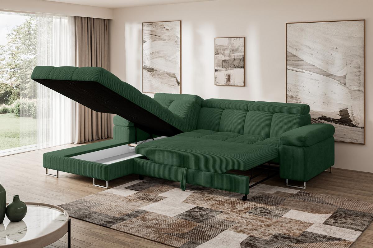 ECKSOFA mit Schlaffunktion Ottomane Links 271x203x79 Grün Cord - Waldgrün, Holzwerkstoff/Textil (271/203cm) - ALTDECOR