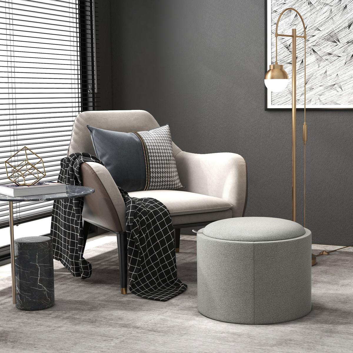SITZHOCKER Rund mit Polsterung und Stauraum, Klappdeckel, Grau - Grau, Textil (56/42/56cm) - HOMCOM