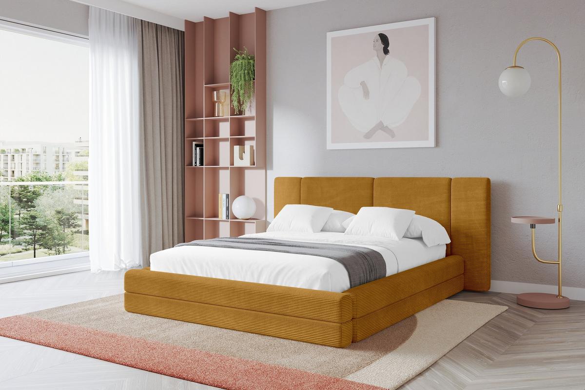 POLSTERBETT mit Bettkasten und Lattenrost, Bett mit Matratze H3/H4 - TEVO 140x200 Senfgelb - Gelb, Holzwerkstoff/Textil (140/200cm) - ALTDECOR