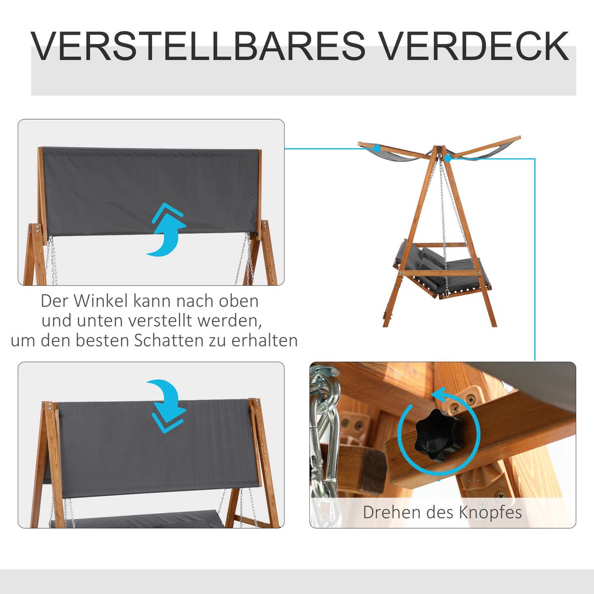 HOLLYWOODSCHAUKEL, mit Dach, Polyester, Grau, 225,5 x 130 x 180 cm - Grau, Holz (130/180/225.5cm) - Outsunny