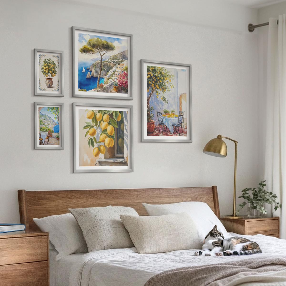 BILDER SET 5er Set - 50x50 cm & 20x30 cm & 40x60 cm Silberner Rahmen - Abstrakte Kranichberge - Silberfarben, Kunststoff (40/60cm) - TULUP