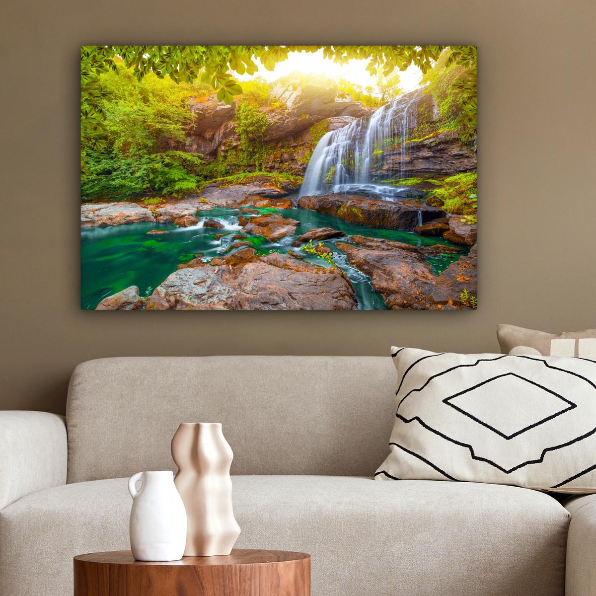 LEINWANDBILD Natur - Wasserfall - Pflanzen - Bäume - Sonne Gemälde 60x40 cm - Olivgrün, Textil (60/40cm) - MuchoWow