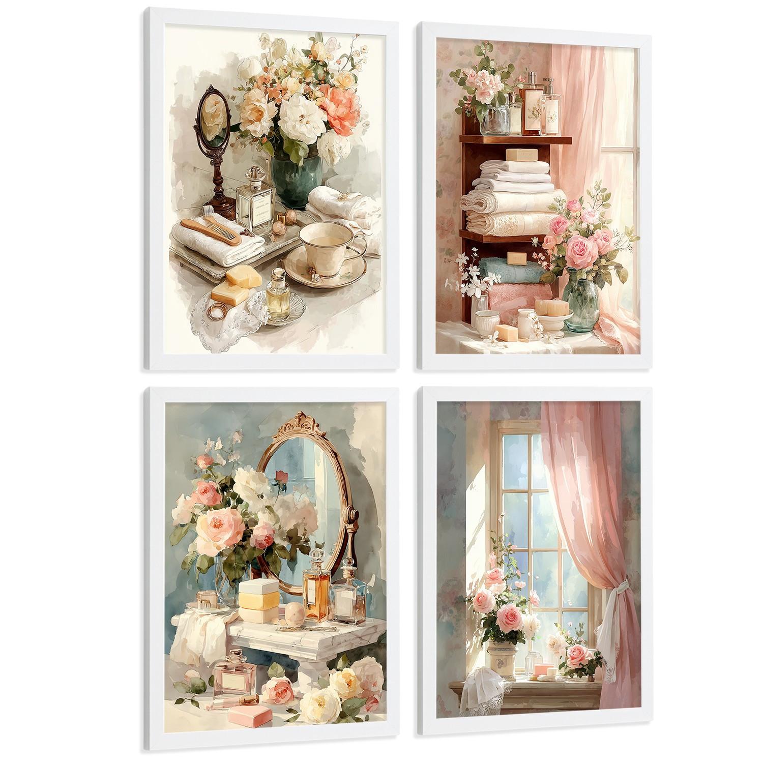 POSTER 4er-Set dekorative Badezimmerdrucke, romantischer Stil, Bilder mit Blumen, Parfums und Schminktisch, elegante, Wohndekoration Weißer Rahmen A3 - Weiß, Papier (42/29.7/3cm) - Nacnic