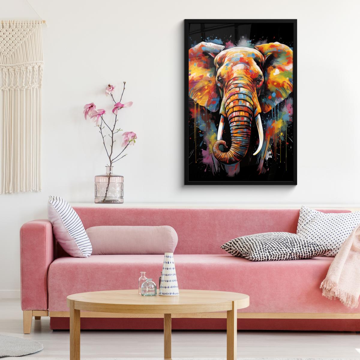 POSTER MIT RAHMENGERAHMTES BILD Elefant - Graffiti - Schwarz - Tiere - Farben 60x90 cm - Schwarz, Papier (60/90cm) - MuchoWow