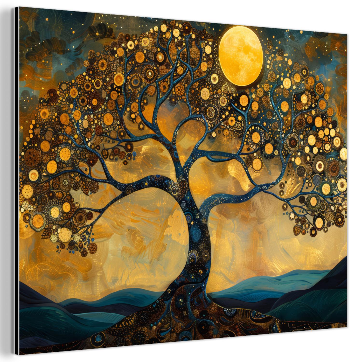 METALLBILD Baum - Mond - Blumen - Gold - Kunst 40x30 cm - Orange, Metall (40/30cm) - MuchoWow