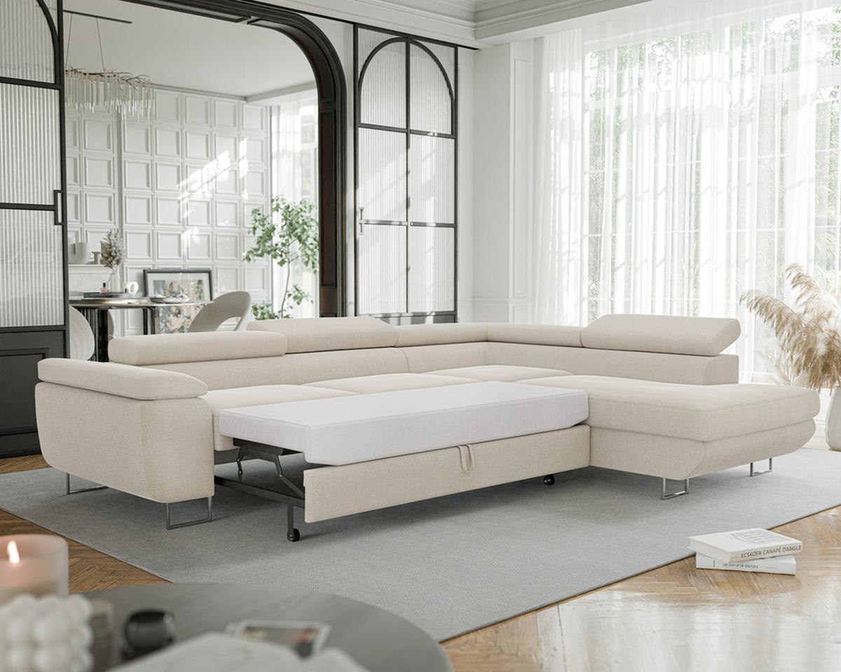 ECKSOFA ANTON rechts, mit Schlaffunktion und Bettkasten Creme - Chromfarben/Creme, Textil/Metall (274/203cm) - Idohome