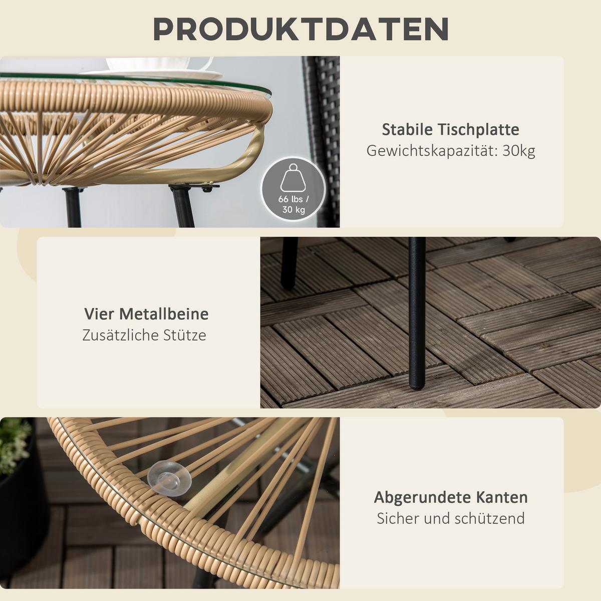 BALKONTISCH, Beige, Eisen, PE-Rattan, Glas - Beige, Kunststoff (50/50/50cm) - Outsunny