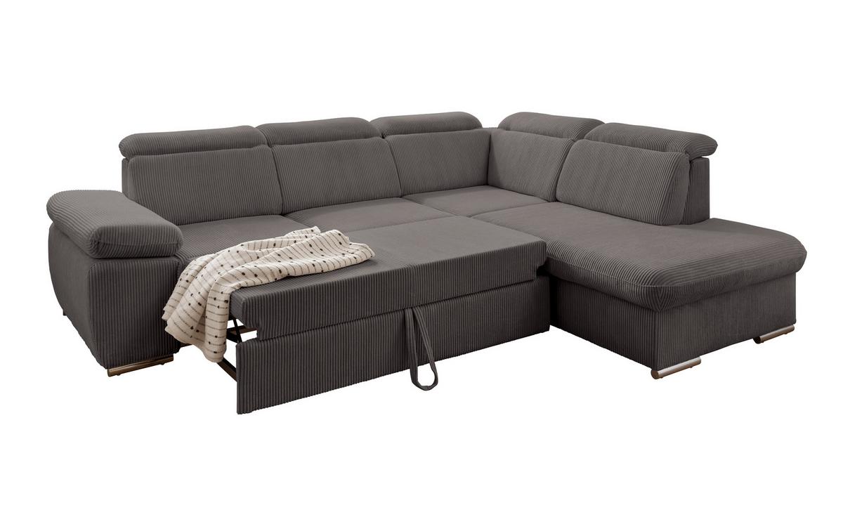 ECKSOFA mit Schlaffunktion, Bettkasten, Kopfstützen verstellbar, Wellenunterfederung, Ottomane rechts B283/T228/H102 cm, Cord Dunkelgrau / 17217 - Chromfarben/Dunkelgrau, Textil/Metall (283/228cm) - luma-home