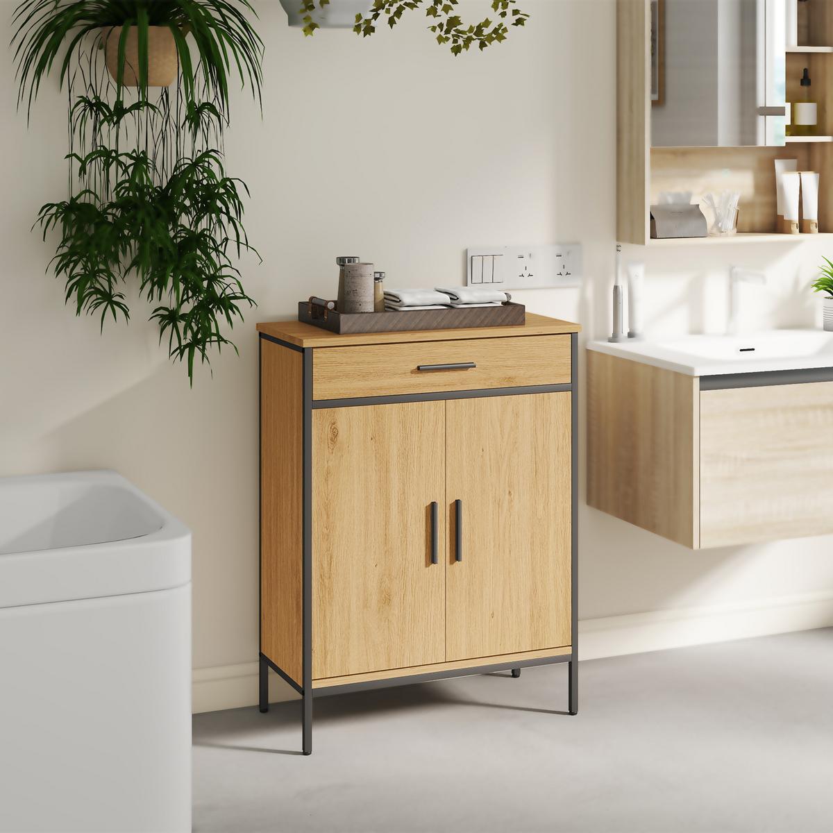 BADEZIMMERSCHRANK mit Schublade Soft-Close-Tür Eiche 60 x 30 x 80 cm - Eichefarben, Holzwerkstoff (30/80/60cm) - HOMCOM