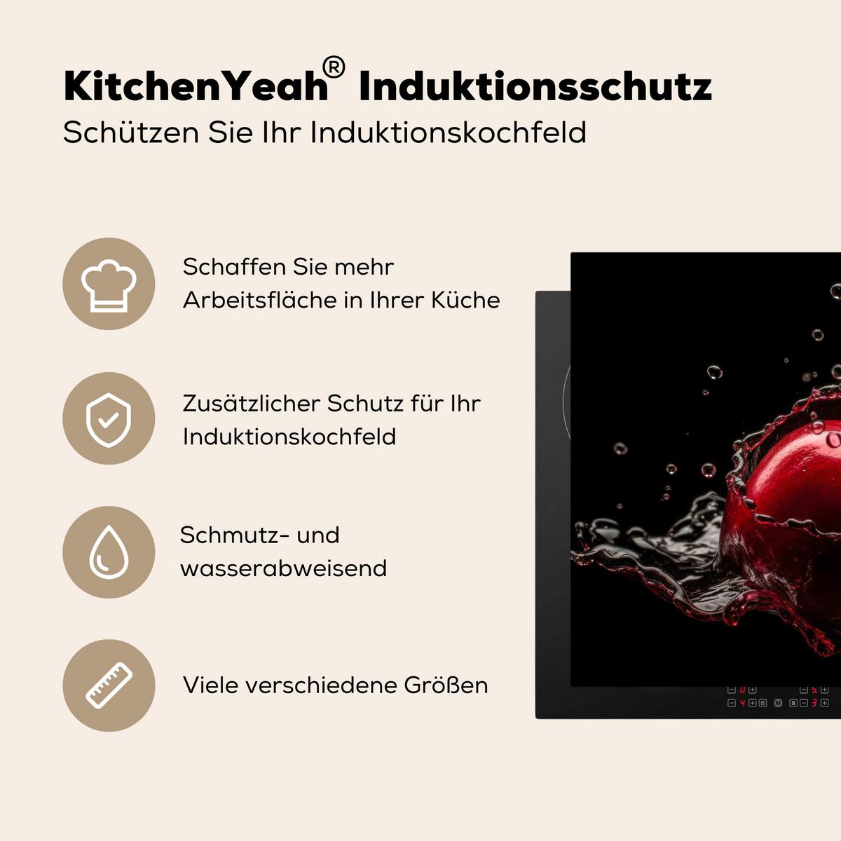 HERDABDECKPLATTE Kirsche - Rot - Frucht - Wasser - Schwarz Ceranfeldabdeckung 76x51.5 cm - Kirschrot, Kunststoff (76/51.5/0.2cm) - MuchoWow