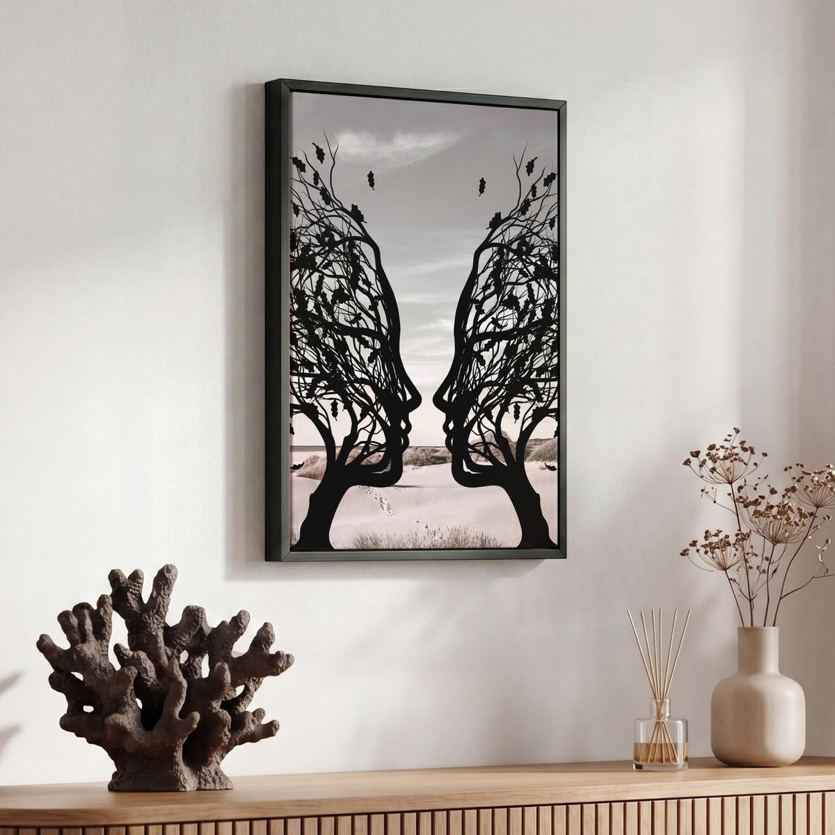 LEINWAND Bilder mit Rahmen - Strand - Meer - Menschen - Baum - Moderne Kunst - 30x40 - Hellgrau, Textil (30/40cm) - MuchoWow