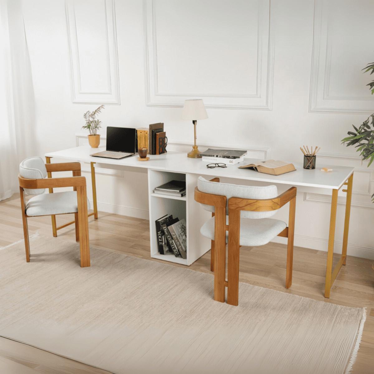 DOPPELSCHREIBTISCH - twin 240/60/74 cm - Goldfarben/Weiß, Holzwerkstoff (71/60/74cm) - Calicosy