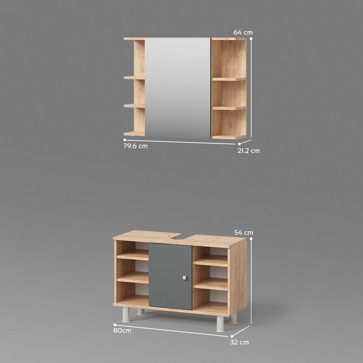 BADMÖBEL-SET Fucino Goldkraft Eiche 2 Teile, Unterschrank 80 cm - Honigeiche, Holzwerkstoff (80/64/32cm) - Livinity®