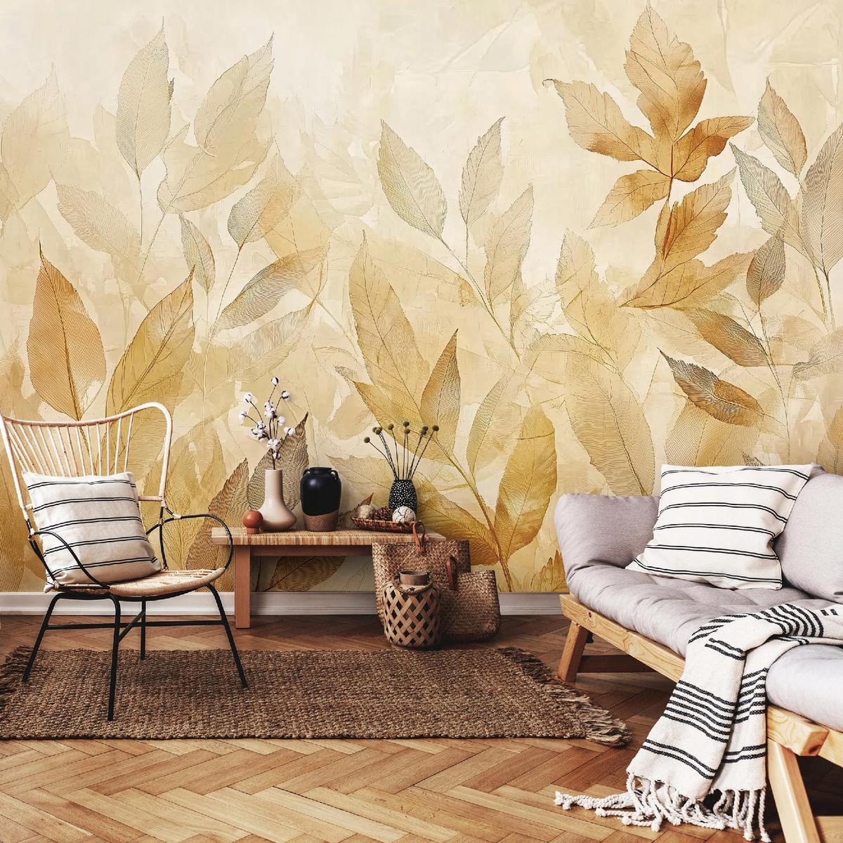 FOTOTAPETE Blätter Gold Natur Vlies Tapete Wohnzimmer Schlafzimmer 300x210 - Multicolor, Papier (300/210cm) - Wallarena