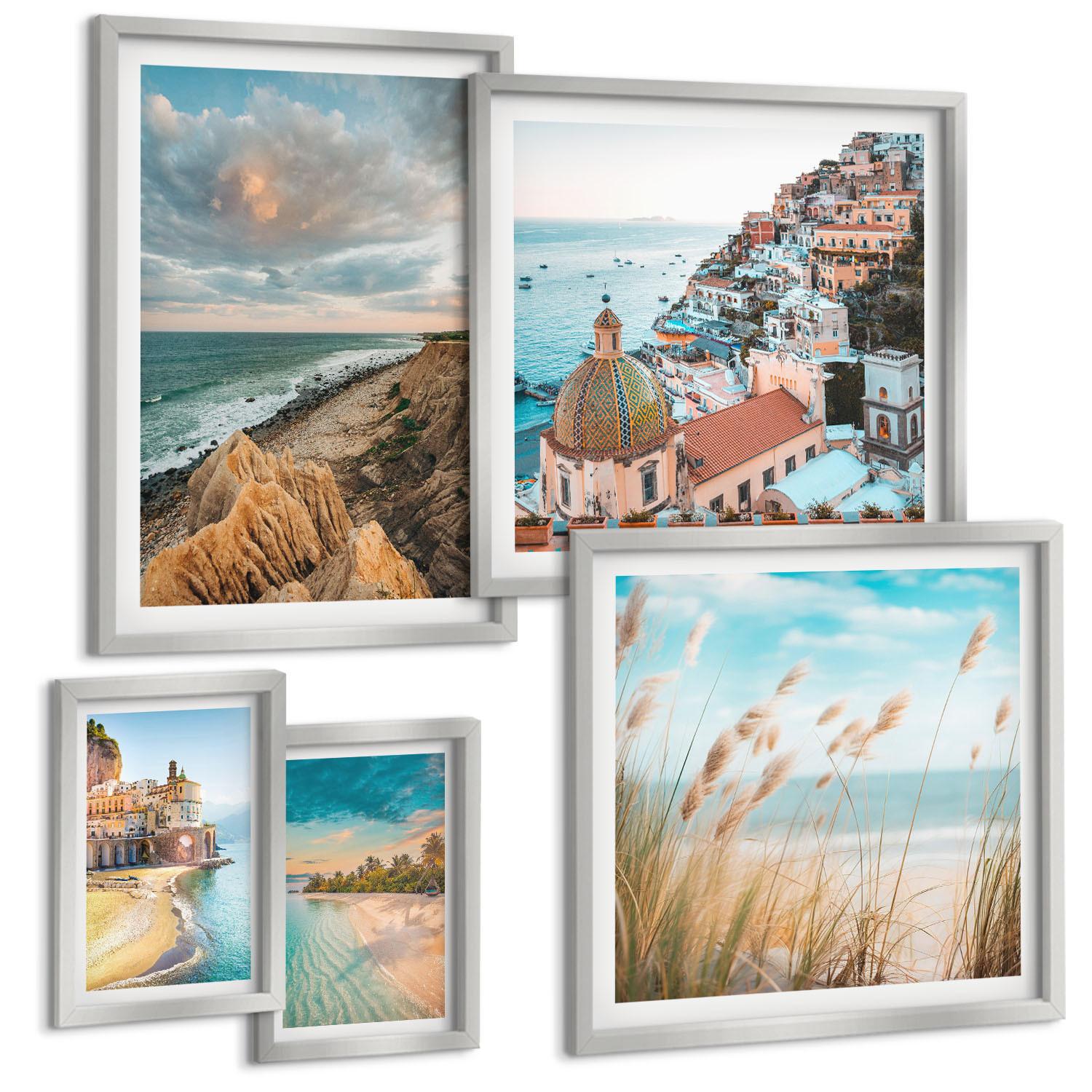 BILDER SET 5er Set - 50x50 cm & 20x30 cm & 40x60 cm Silberner Rahmen - Landschaften Strand Stadt Klippen - Silberfarben, Kunststoff (40/60cm) - TULUP