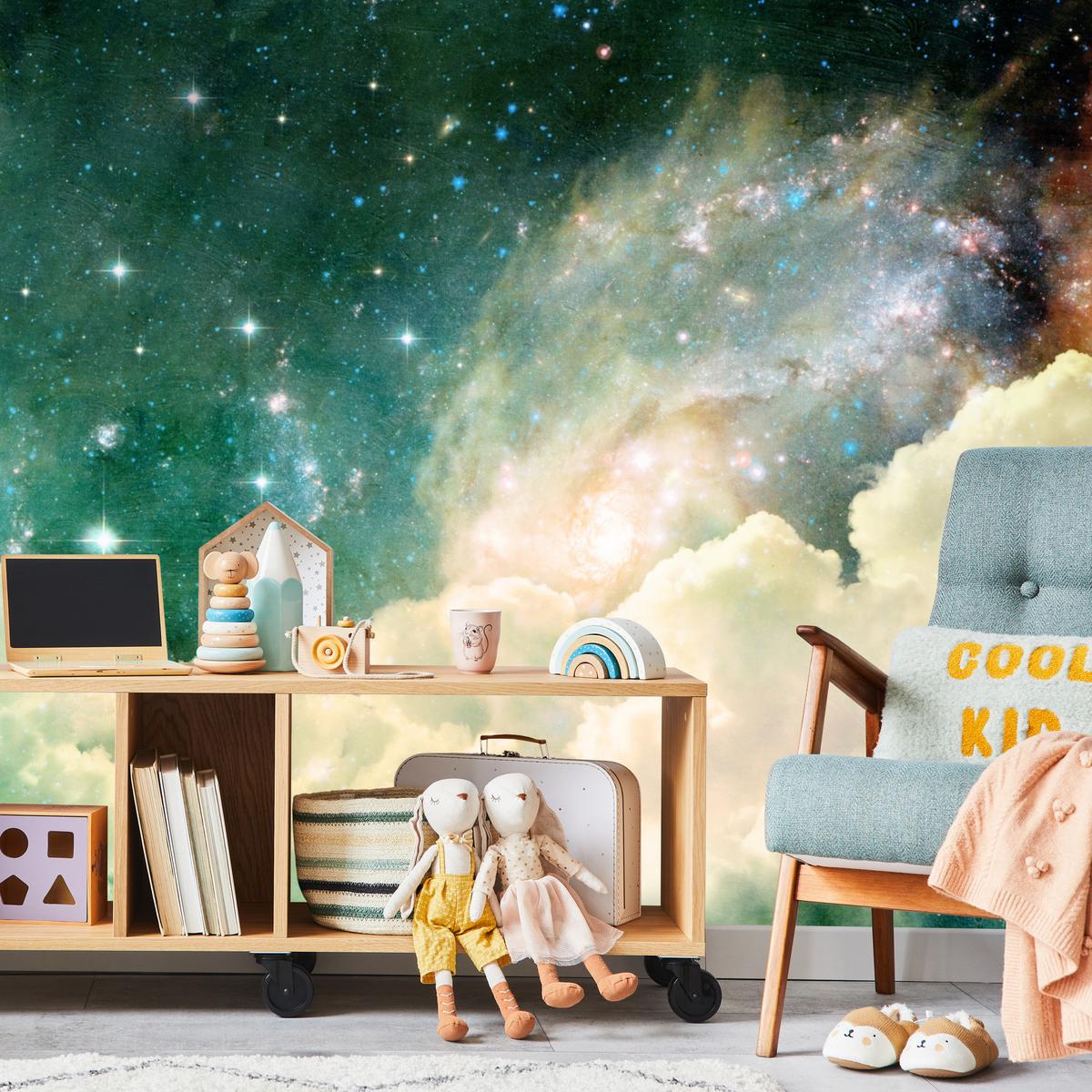 FOTOTAPETE für Kinderzimmer Kosmische Nebelwolken Sterne Galaxie Mystisch 200x140 - Türkis/Pastellgrün, Papier (200/140cm) - Muralo