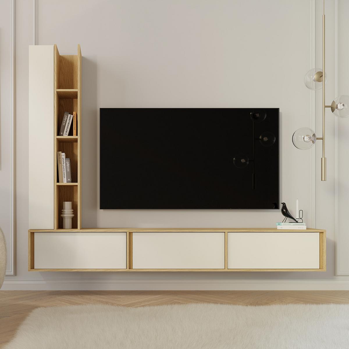 WOHNWAND Vero 2-teilig Wohnzimmer-Set mit TV-Lowboard und Hochschrank, Frühlingseiche + Macadamia - Kaschmir/Eichefarben, Holzwerkstoff (230/185/35cm) - Beautysofa
